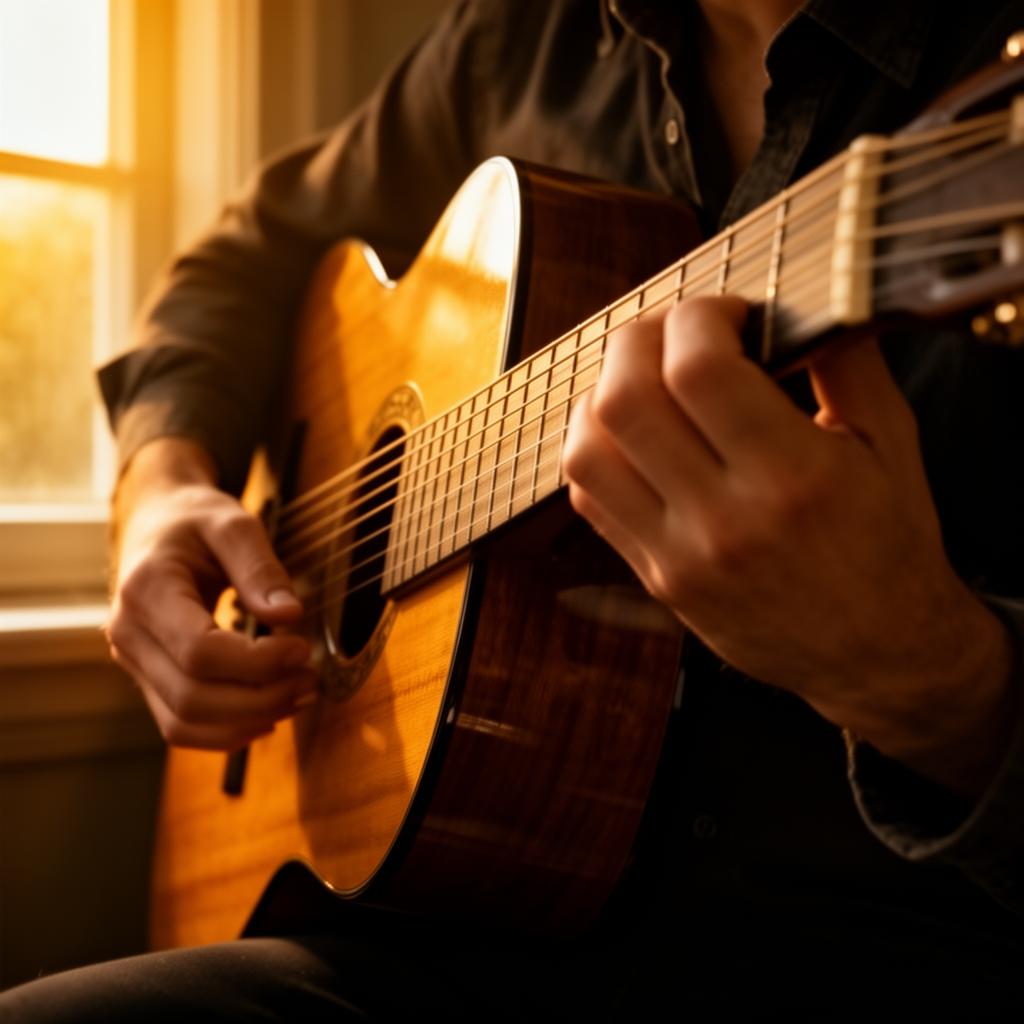 Close-up of hands playing acoustic guitar in warm light